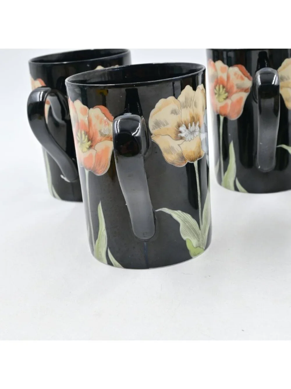 Fitz & Floyd Midnight Poppy Black Ceramic Floral Coffee Mugs Set Of 5